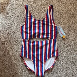 Cat & Jack Red, Blue, and White Striped Kids Swim One Piece Sz 10/12